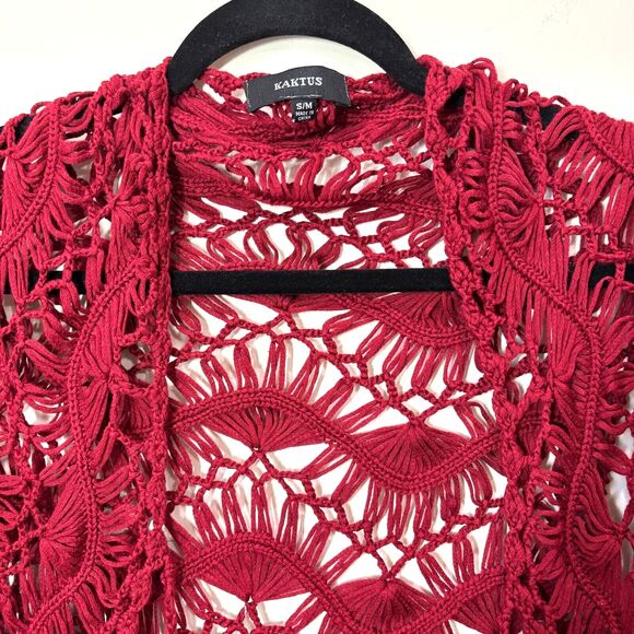 Kaktus Red Open Knit Crochet Kimono S/M Shrug Vest Top Boho Romantic Valentines - Picture 4 of 11